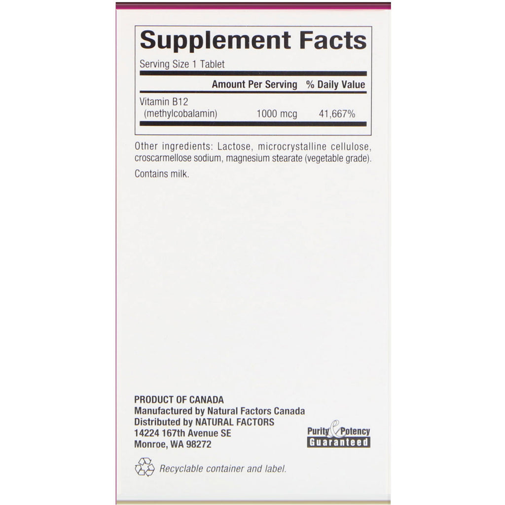 Natural Factors, B12, metilcobalamina, 1000 mcg, 180 tabletas masticables