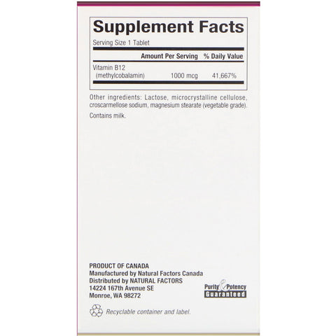 Natural Factors, B12, Methylcobalamin, 1,000 mcg, 180 Chewable Tablets