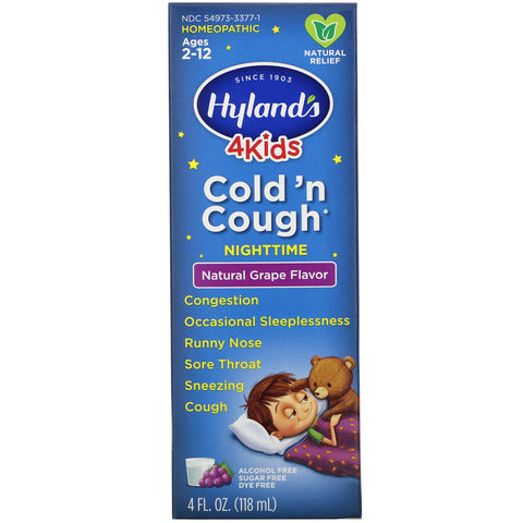Hyland's, 4 Kids, Cold 'n Cough nocturno, de 2 a 12 años, sabor natural a uva, 4 fl oz (118 ml)