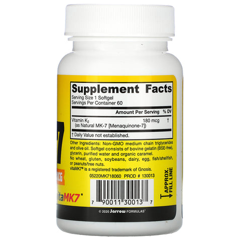 Jarrow Formulas, MK-7, forma más activa de vitamina K2, 180 mcg, 60 cápsulas blandas