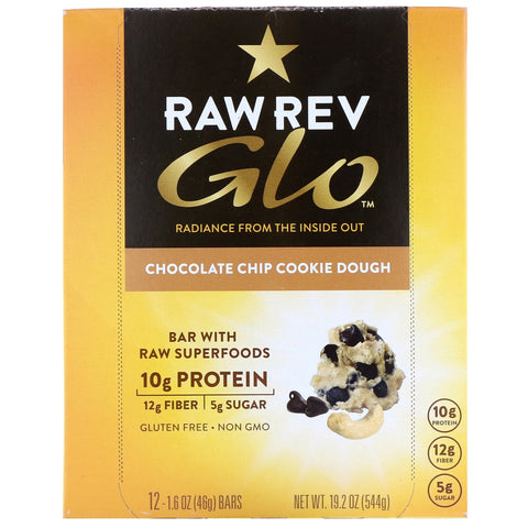 Raw Rev, Glo, masa para galletas con chispas de chocolate, 12 barras, 1,6 oz (46 g) cada una