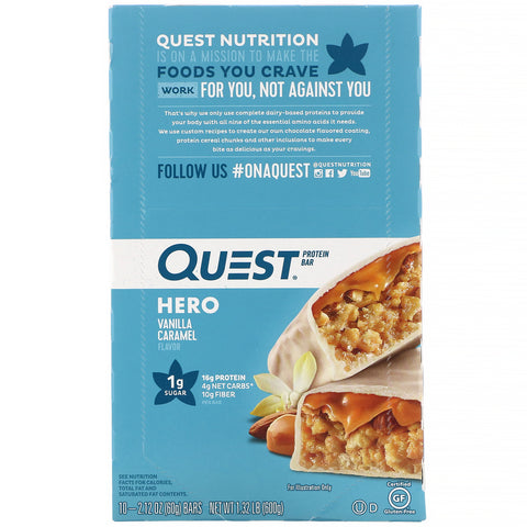 Quest Nutrition, Hero Protein Bar, Vanilla Caramel, 10 barer, 2,12 oz (60 g) hver