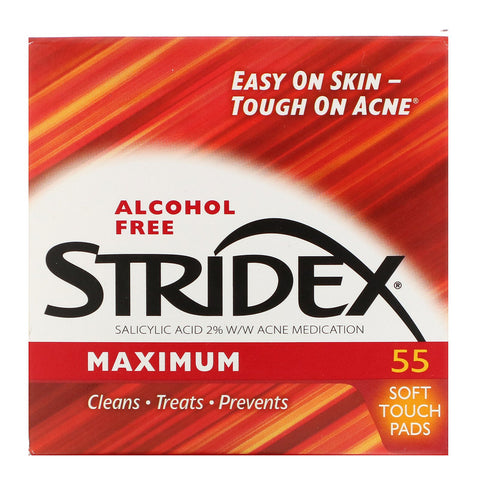 Stridex, control del acné en un solo paso, máximo, sin alcohol, 55 almohadillas suaves al tacto