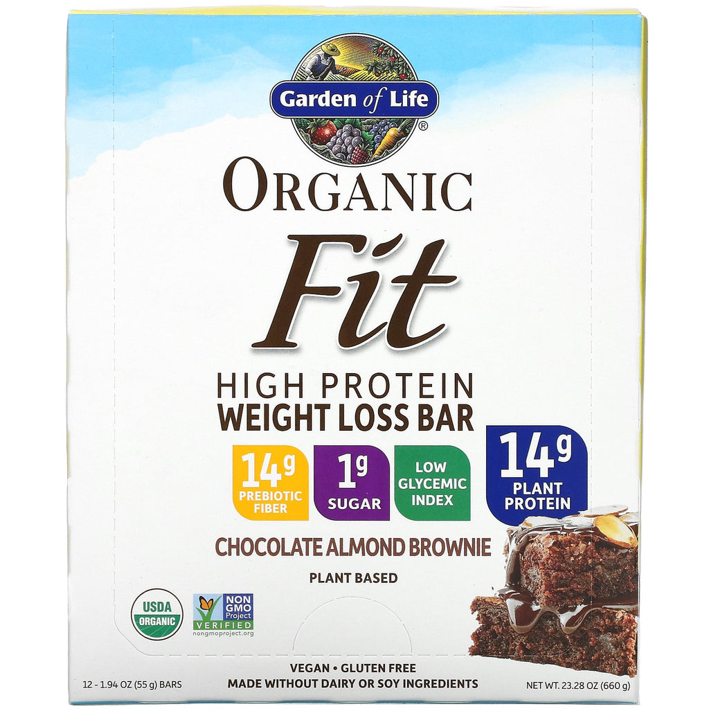 Garden of Life, Fit, vægttabsbar med højt proteinindhold, chokolade mandel brownie, 12 barer, 1,9 oz (55 g) hver