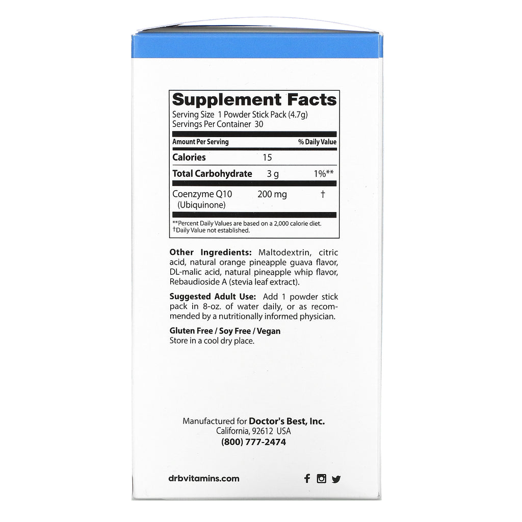 Doctor's Best, CoQ10-pulver med høj absorption, tropisk frugt, 200 mg, 30 pulverpindepakker, 4,7 g hver