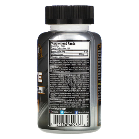 Muscletech, Essential Series, Platinum 100 % koffein, 220 mg, 125 tabletter