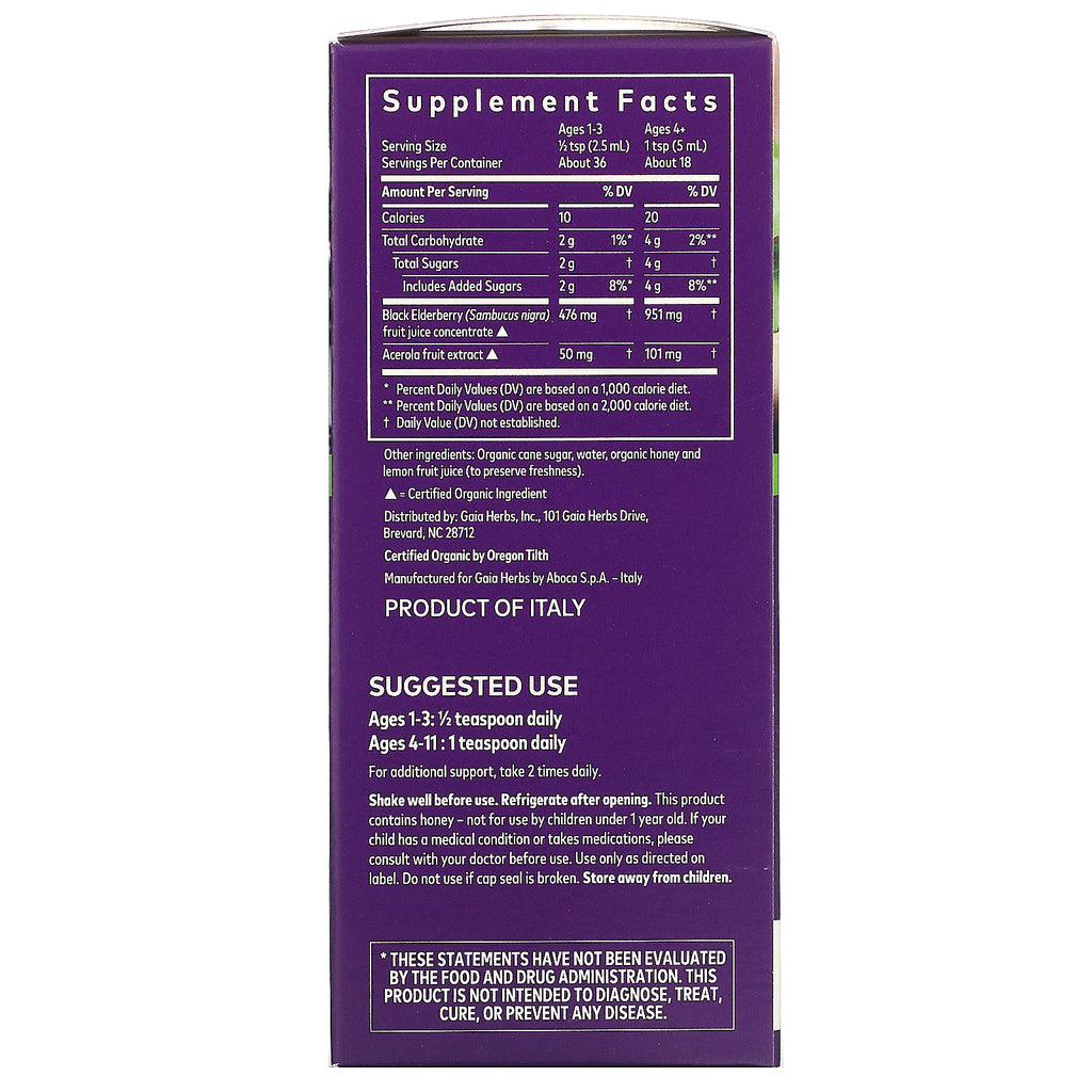 Gaia-urter, børn, sort hyldebærsirup, 3 fl oz (89 ml)