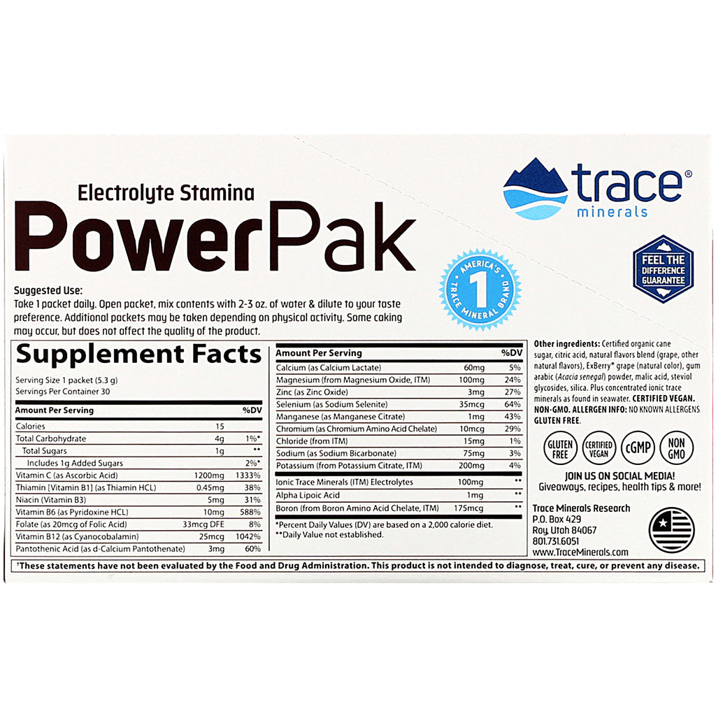 Trace Minerals Research, Electrolyte Stamina PowerPak, Uva Concord, 30 paquetes. 5,3 g (0,19 onzas) cada uno