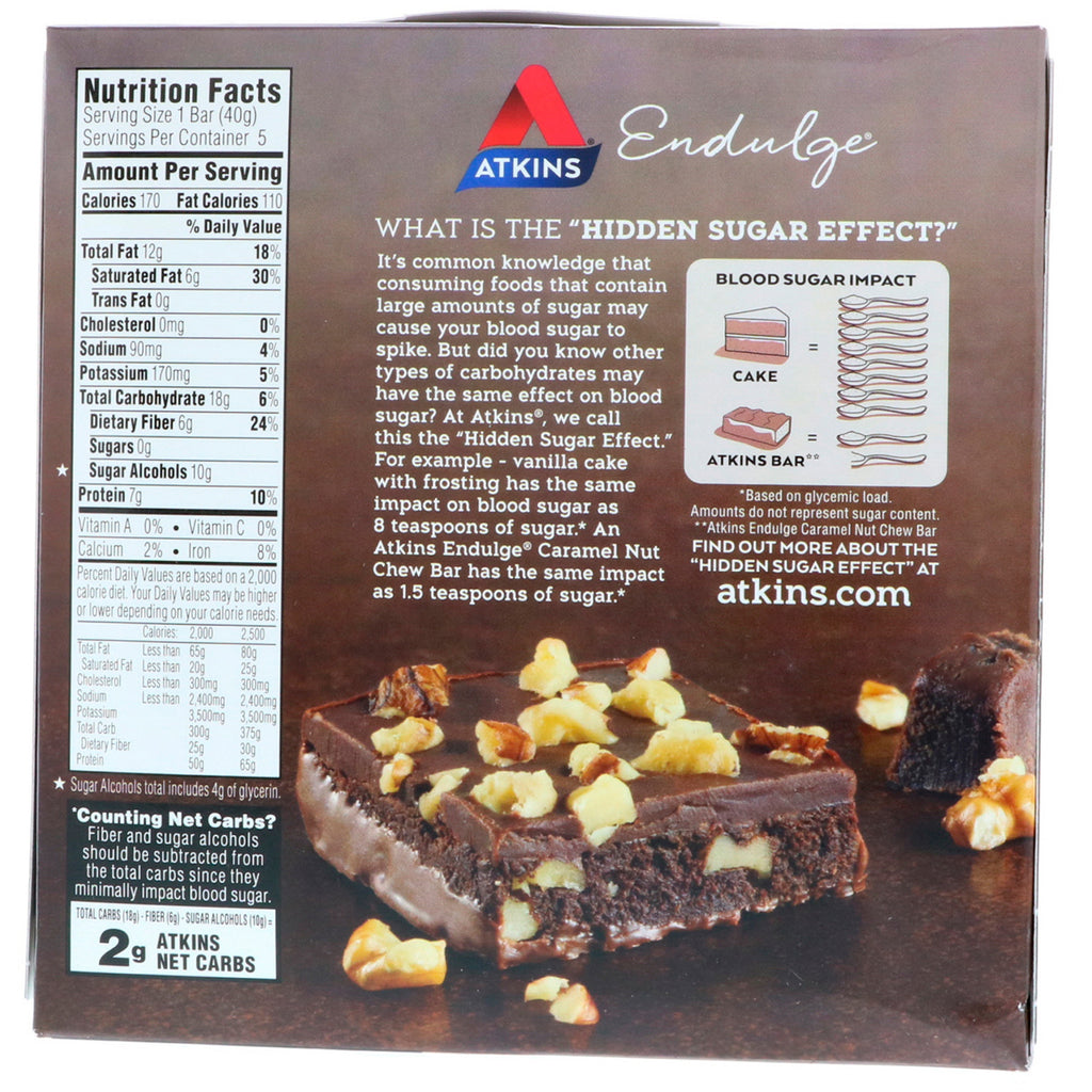 Atkins, Endulge, barra de brownie con chocolate y nuez, 5 barras, 1,41 oz (40 g) cada una