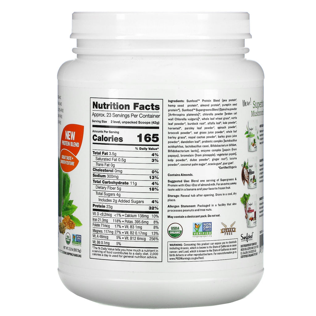Sunfood, Supergreens y proteínas, 2,2 lb (997,9 g)