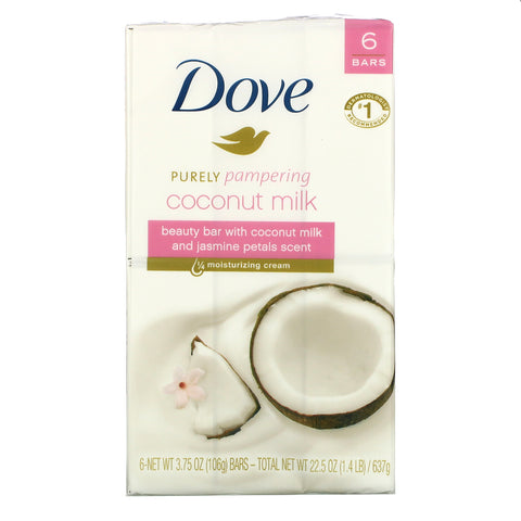 Dove, barra de belleza Purely Pampering, leche de coco y pétalos de jazmín, 6 barras, 3,75 oz (106 g) cada una