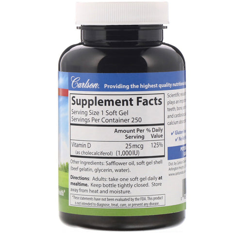 Carlson Labs, vitamina D3, 25 mcg (1000 UI), 250 cápsulas blandas