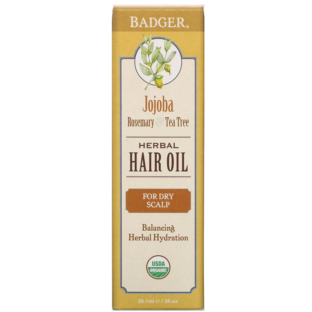 Badger Company, Herbal Hair Oil, Jojoba Rosemary &amp; Tea Tree, 2 fl oz (59,1 ml)