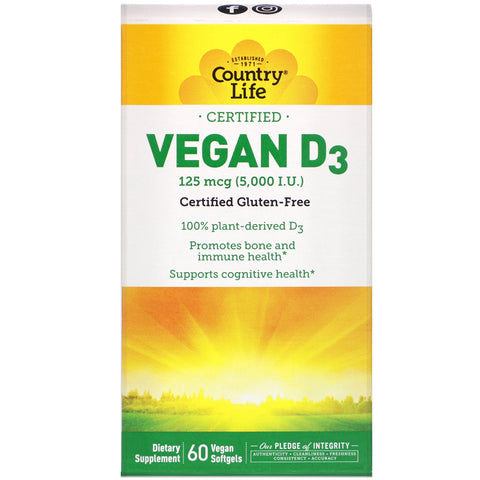 Country Life, D3 vegano certificado, 125 mcg (5000 UI), 60 cápsulas blandas veganas