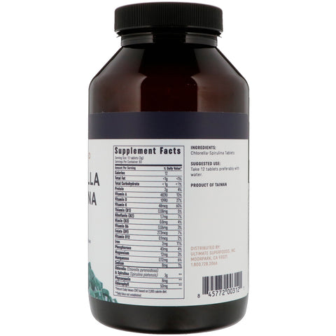 Ojio, Tabletas de Chlorella Espirulina, Mezcla 50/50, 250 mg, 1000 Tabletas