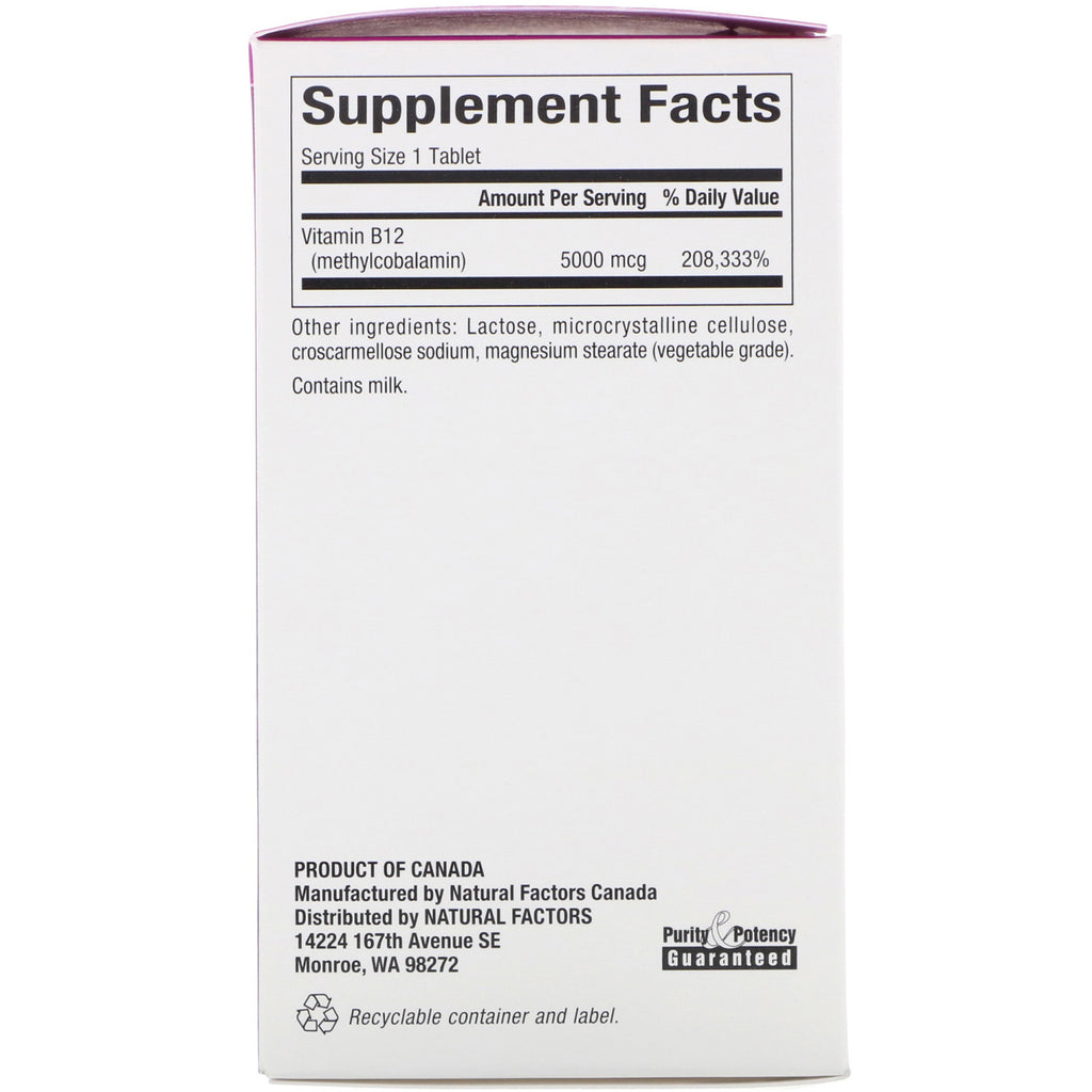 Natural Factors, B12, metilcobalamina, 5000 mcg, 60 tabletas masticables