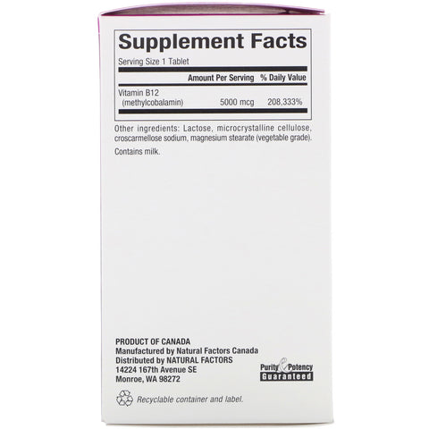 Natural Factors, B12, Methylcobalamin, 5000 mcg, 60 Chewable Tablets