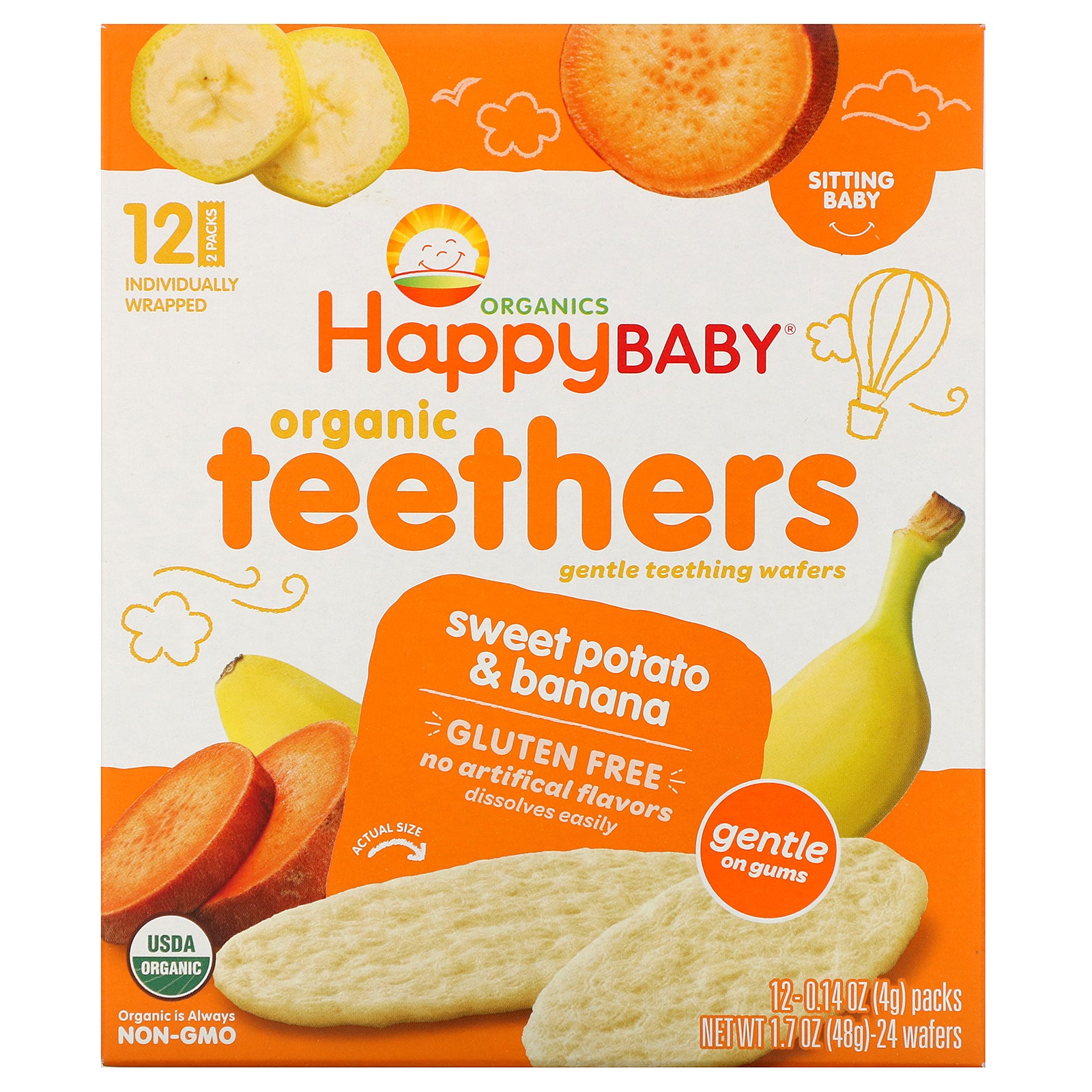 Happy Family Organics, Organic Teethers, Gentle Teething Wafers, Sitting Baby, Sweet Potato & Banana, 12 Packs, 0.14 oz (4 g) Each