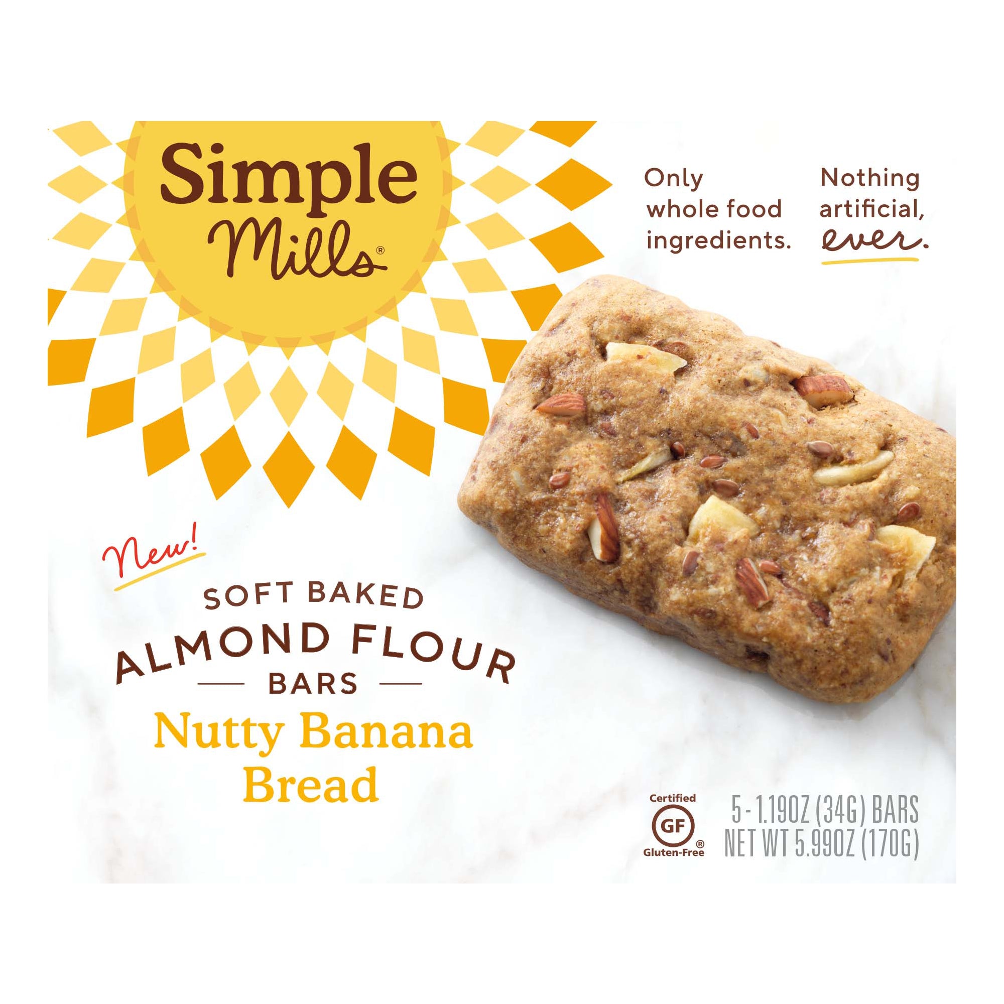 Simple Mills, Soft-Baked Almond Flour Bars, Nutty Banana Bread, 5 Bars, 1.19 oz (34 g) Each
