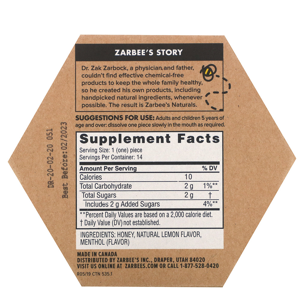 Zarbee's, 99% honninghostesudder, naturlig citronsmag, 14 stk.