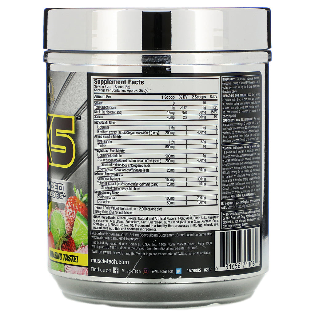 Muscletech, Performance Series, VaporX5 Ripped, limonada de fresa, 6,50 oz (184 g)
