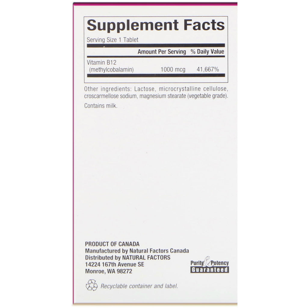 Natural Factors, B12, metilcobalamina, 1000 mcg, 90 tabletas masticables