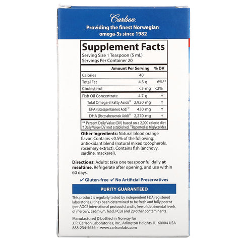 Carlson Labs, Elite DHA, Natural Orange, 2.270 mg, 3,3 fl oz (100 ml)