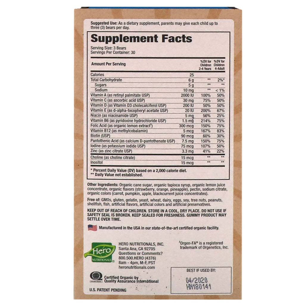 Hero Nutritional Products, Yummi Bears, Complete Multi, Jordbær, appelsin og ananas smag, 90 Yummi Bears