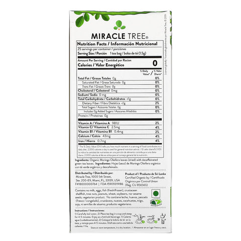 Miracle Tree, Té superalimento de moringa, té verde, descafeinado, 25 bolsitas de té, 37,5 g (1,32 oz)