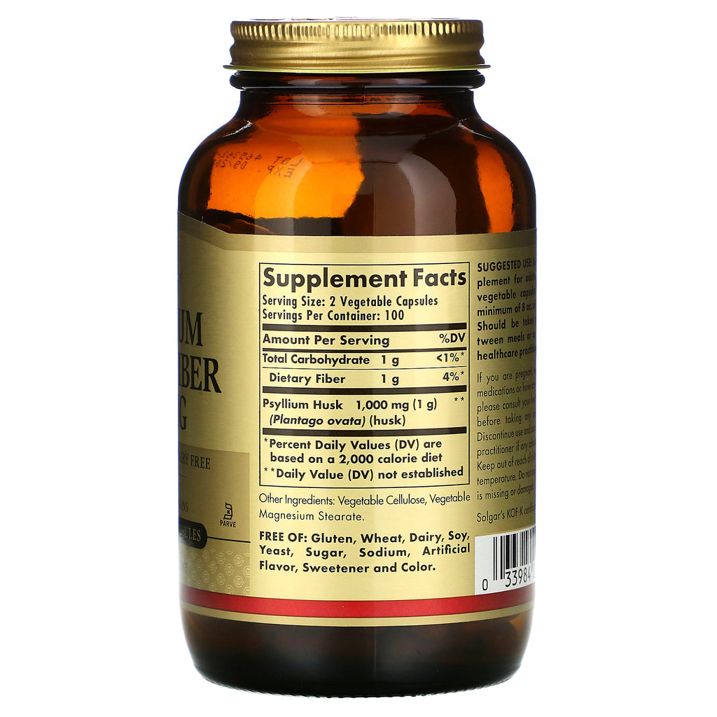 Solgar, Fibra de cáscara de psyllium, 500 mg, 200 cápsulas vegetales