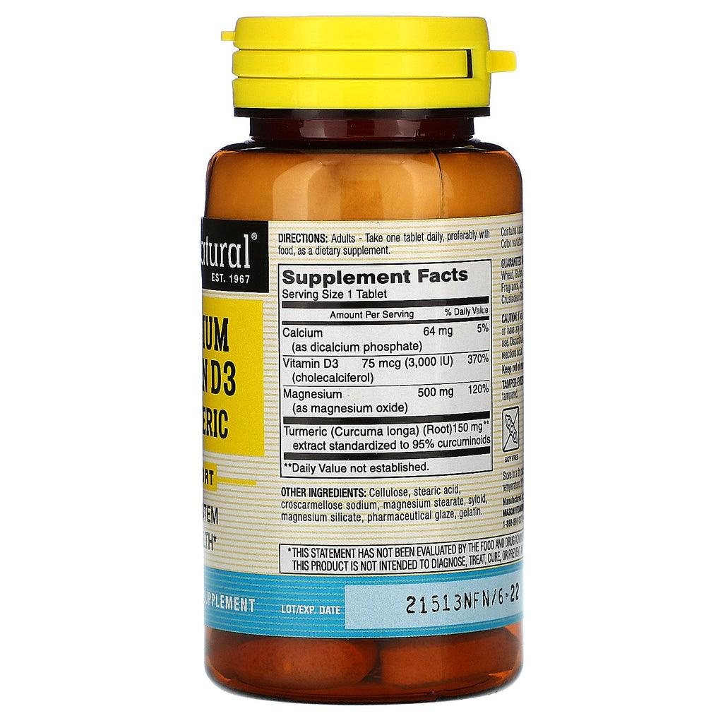 Mason Natural, Magnesium &amp; Vitamin D3 med gurkemeje, 60 tabletter