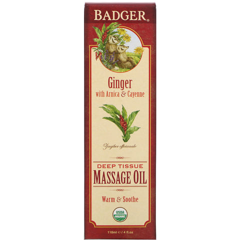 Badger Company, Aceite para masaje de tejido profundo, jengibre con árnica y cayena, 4 fl oz (118 ml)