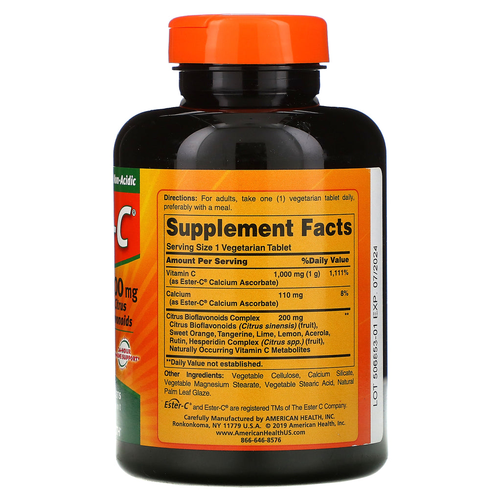 American Health, Ester-C med citrusbioflavonoider, 1.000 mg, 180 vegetariske tabletter
