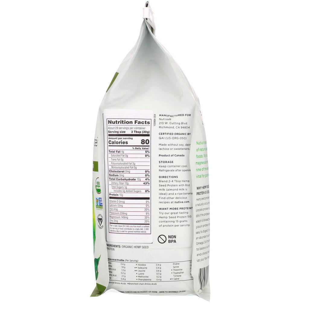 Nutiva, Proteína de semilla de cáñamo, 30 oz (851 g)