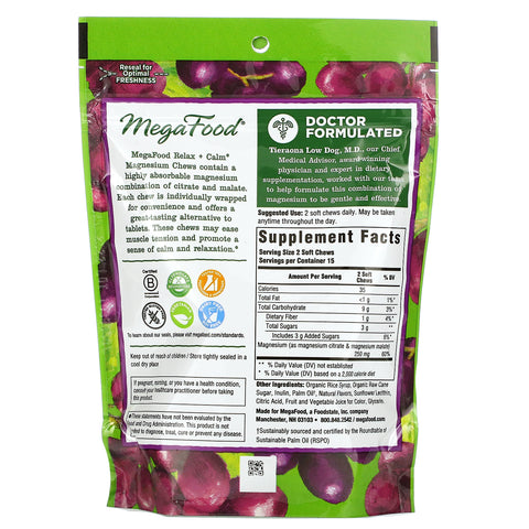 MegaFood, masticables blandos de magnesio Relax + Calm, uva, 30 masticables blandos envueltos individualmente