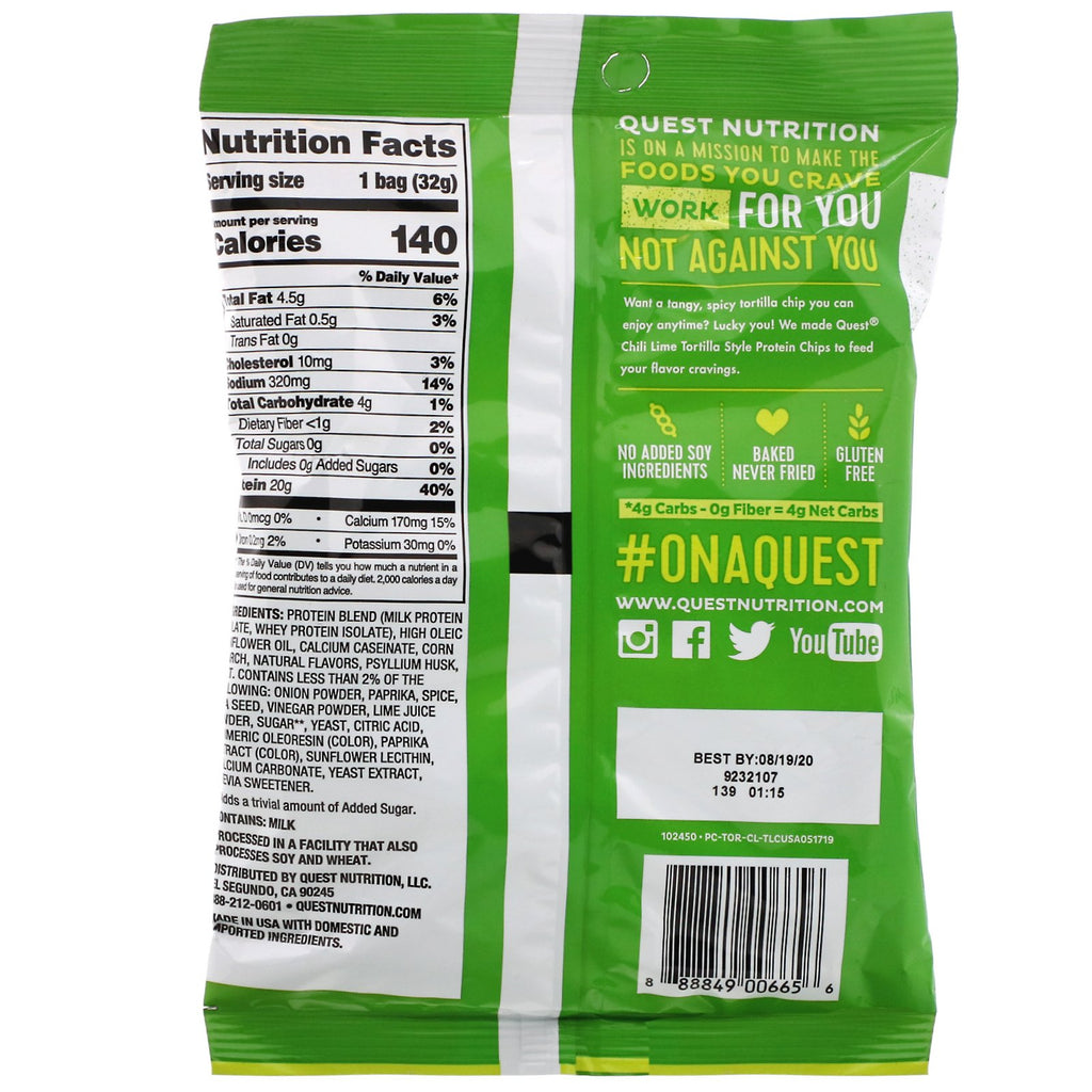 Quest Nutrition, Chips de proteína estilo tortilla, chile y lima, 12 bolsas, 32 g (1,1 oz) cada una