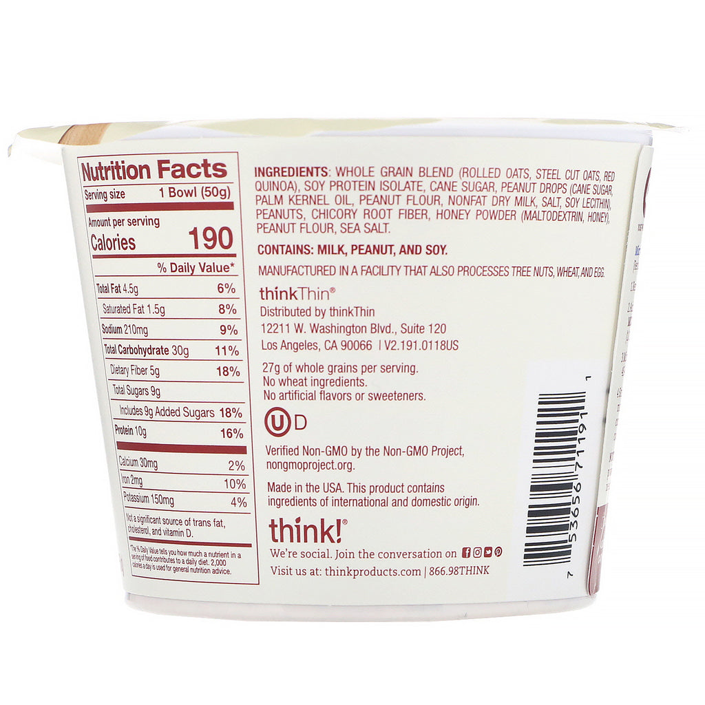 ThinkThin, Avena caliente con proteínas y fibra, mantequilla de maní y miel, 50 g (1,76 oz)