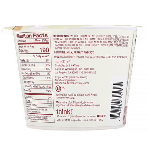 ThinkThin, Protein & Fiber Hot Havregryn, Honning Peanut Butter, 1,76 oz (50 g)