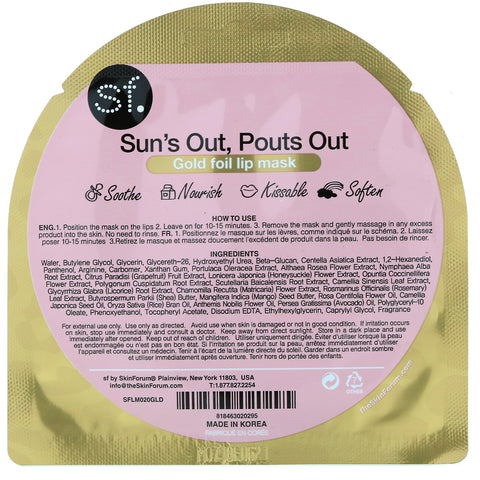 SFGlow, Sun's Out, Pouts Out, mascarilla labial con lámina dorada, 1 hoja, 8 ml (0,27 oz)