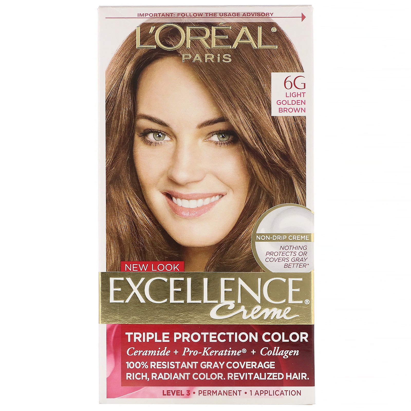 L'Oreal, Excellence Creme, Triple Protection Color, 6G Light Golden Brown, 1 Application