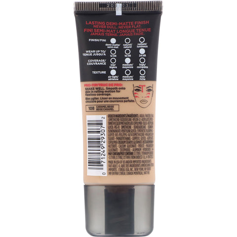 L'Oreal, Base de maquillaje Infallible Pro-Matte, 108 Beige caramelo, 30 ml (1 oz. líq.)