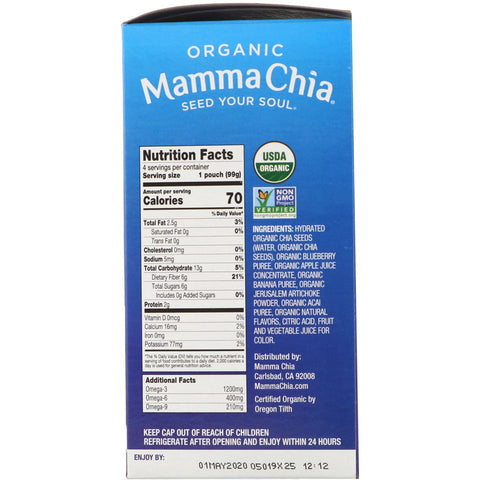 Mamma Chia, Chia Prebiotic Squeeze, Arándano y Acai, 4 sobres, 3,5 oz (99 g) cada uno