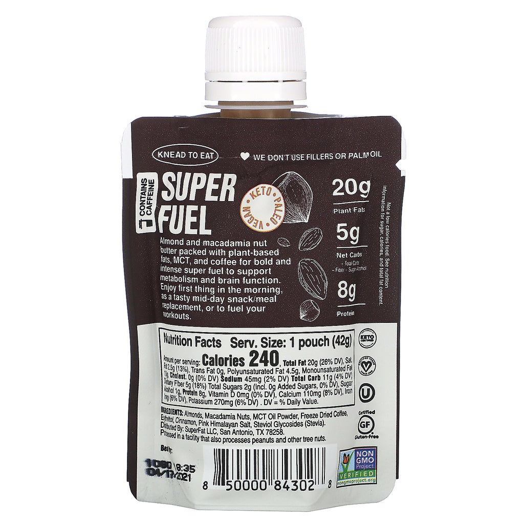 SuperFat, Keto-nøddesmør, kaffe + MCT, 1,5 oz (42 g)