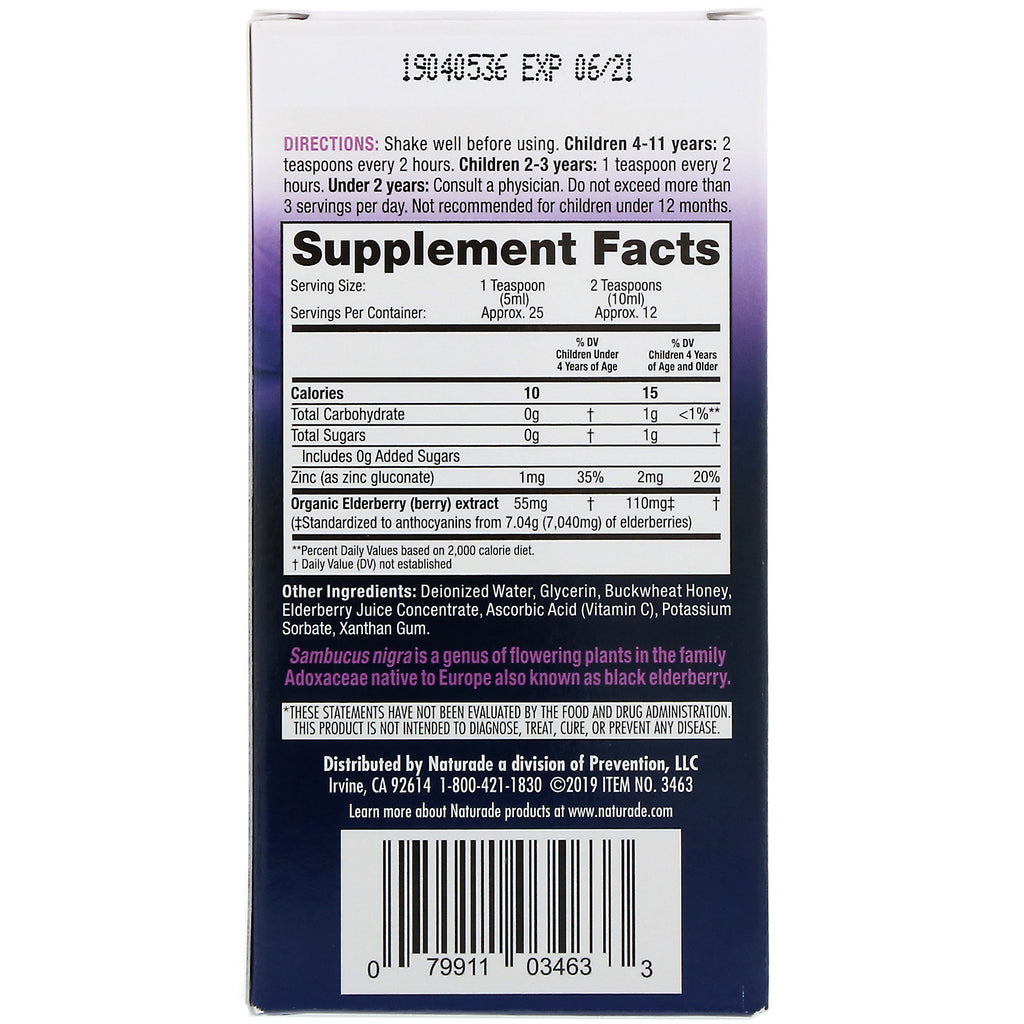 Naturade, Jarabe de extracto de saúco para niños con vitamina C y zinc, 2 años en adelante, 4,2 fl oz (125 ml)