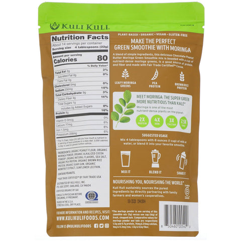 Kuli Kuli, Moringa Green Smoothie med planteprotein, chokolade jordnøddesmør, 10,7 oz (302 g)