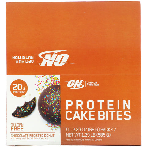 Optimum Nutrition, Bocaditos de pastel proteicos, donut glaseado de chocolate, 9 barras, 2,29 oz (65 g) cada una