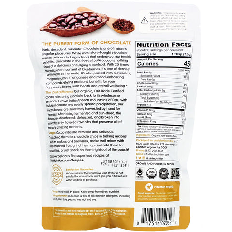 Zint, semillas de cacao crudo, 16 oz (454 g)