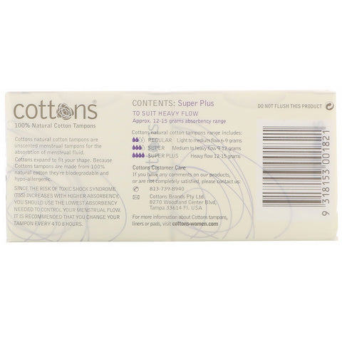 Cottons, 100% Natural Cotton Tampons, Super Plus, Unscented, 16 Tampons