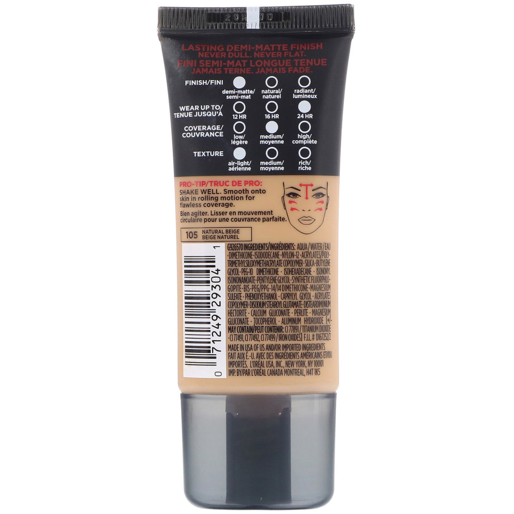 L'Oreal, Base de maquillaje Infalible Pro-Matte, 105 Beige natural, 30 ml (1 oz. líq.)
