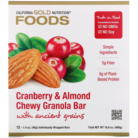 California Gold Nutrition, fødevarer, tranebær- og mandeltygge granolabarer, 12 barer, 1,4 oz (40 g) hver